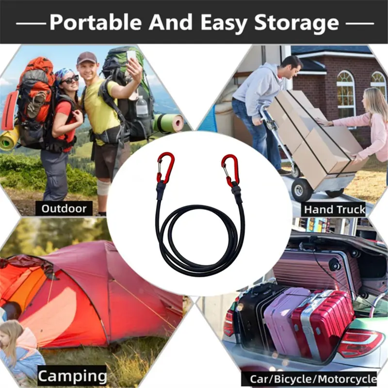 60cm Elastic Rope with Carabiner Hook, Heavy Duty Bungee Cord, Elastic Tie Strap String, Kayak Cycling Luggage Packing Rope, Camping Accessories 5