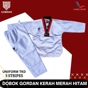 DOBOK GORDAN 3 STRIPES / SERAGAM TAEKWONDO KERAH MERAH HITAM & HITAM