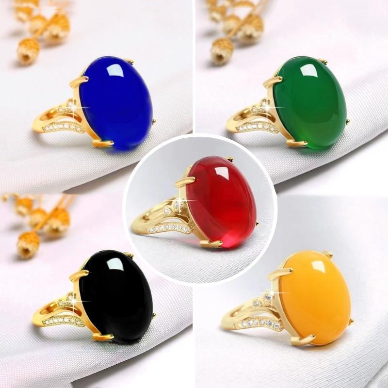 Product Introduction of Gold Inlaid Imitation Sapphire Ring for Women Luxurious Inlaid Imitation Red Green Black Yellow Agate Adjustable Ring 1