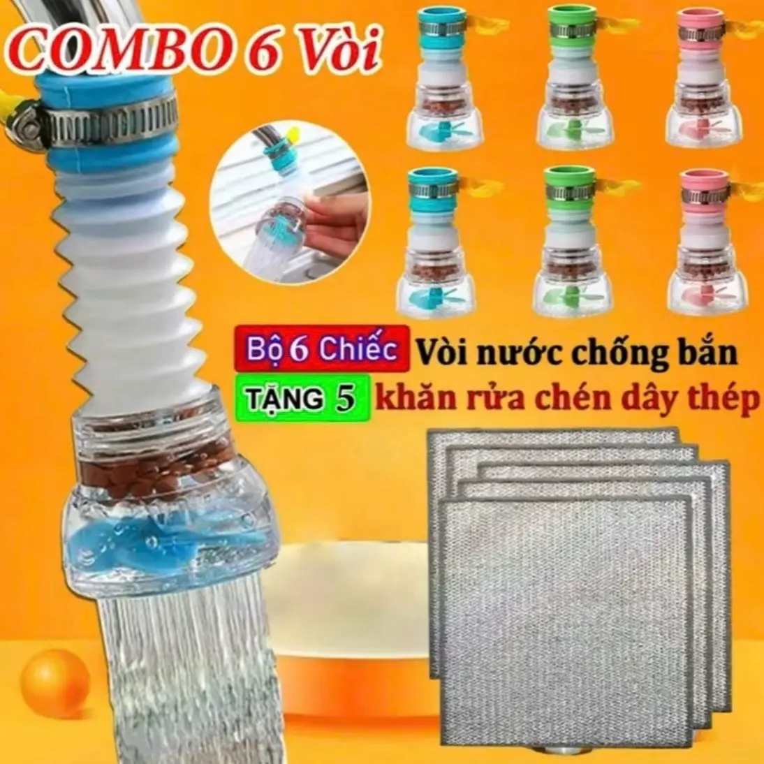 [ Combo 6 Vòi Tặng 5 Giẻ Rửa Bát ] Đầu Vòi Chống Bắn Nước Có Bộ Lọc Xoay 360 Độ Và Kéo Dài 12cm Cho Phòng Bếp - Nhựa ABS/PVC