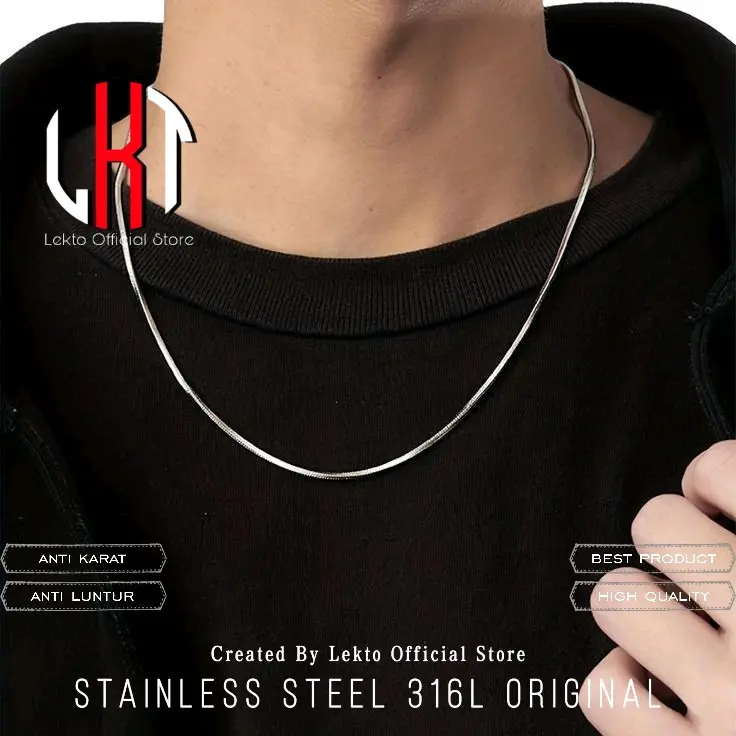 Kalung Titanium Anti Karat Selamanya Uniseks Pria Wanita Terlaris Motif Kotak SIERRA Monel Silver Pelapisan Logam Elegan 0