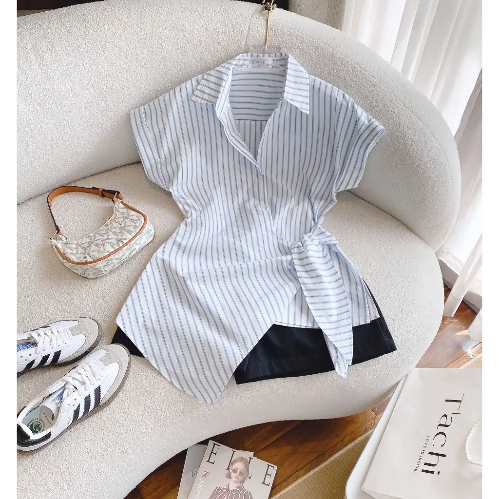 SET ÁO SƠ MI SỌC XANH NÚT GÀI THẮT NƠ 1 BÊN + QUẦN SHORT ĐEN (lưng chun) Women Nữ Kem Top  khỏe mạnh kieu che bụng mỡ