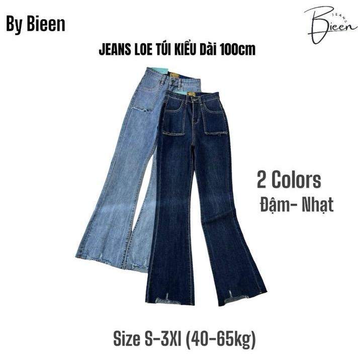 Quần bò, jean ống loe phối túi đắp rách lai cạp cao tôn dáng vải jean mềm co dãn