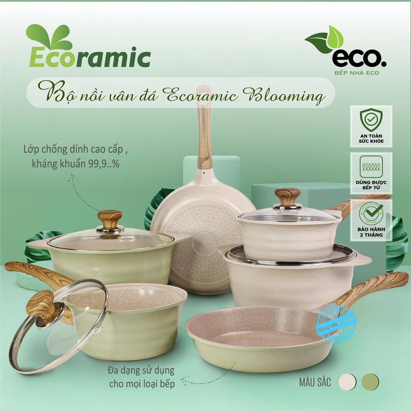 Bộ 3 Nồi Chảo Ecoramic Blooming - Chống Dính 5 Lớp Vân Đá Gốm Sứ - Dùng Cho Mọi Loại Bếp