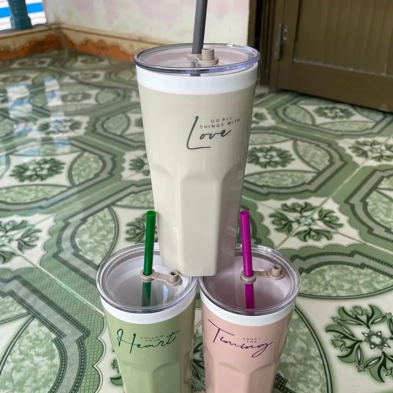 Ly giữ nhiệt 600ml Tân Lập Thành kèm ống hút và nắp đậy nhựa 2 lớp bình giữ nhiệt 7 màu cốc giữ nhiệt nam yellow gradient có tay cầm pp quả cam ca binh giunhiet 1
