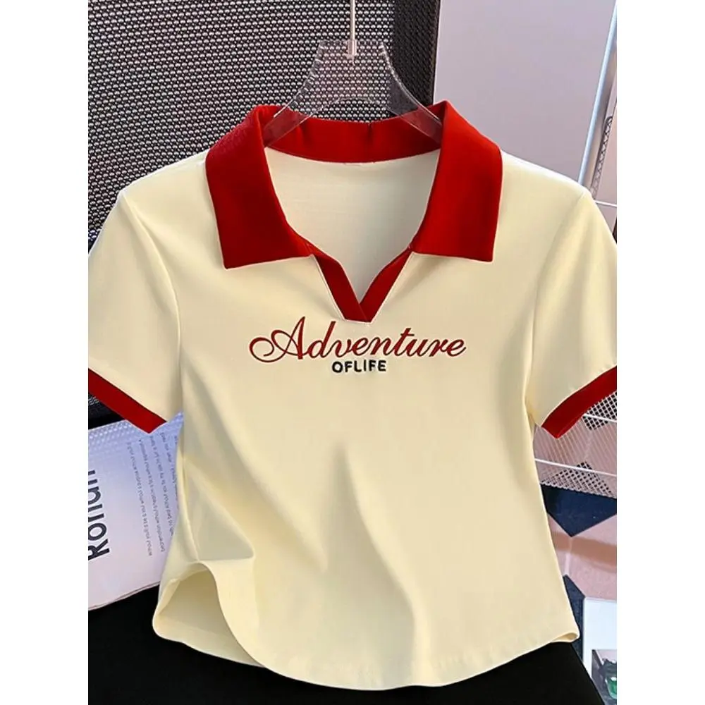 Áo Phông ngắn Tay Áo, Cổ Polo Màu Tương Phản, Dành Cho Nữ, Hàng Mới Về 2024, Phổ Biến Vào Mùa Hè, Ve Áo, Mỏng Vừa Vặn, Áo Nhỏ Gọn, Thời Trang Top Women