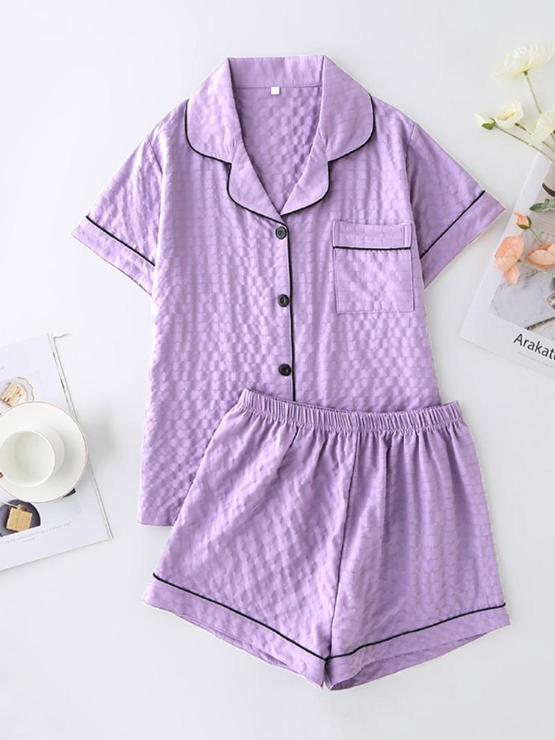Product Introduction of Two-Piece Set Women's Contrast Binding Textured Pajama Set, Casual Lapel Shirt & Elastic Waist Shorts Set, Summer Sleepwear for Lady, Homewear Set, Loungewear 5