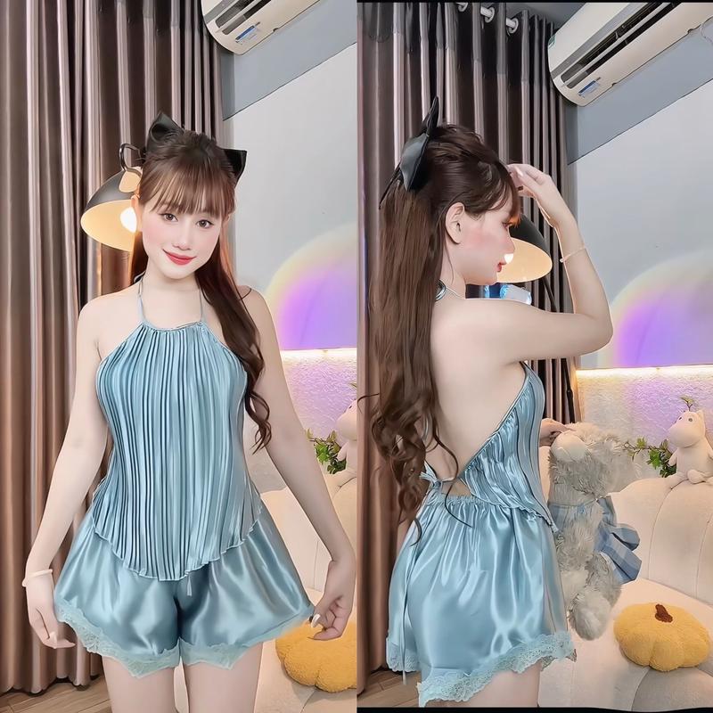 Bộ Yếm dập ly cột dây bigsize phi lụa 38-70kg đồ ngủ Women Nữ