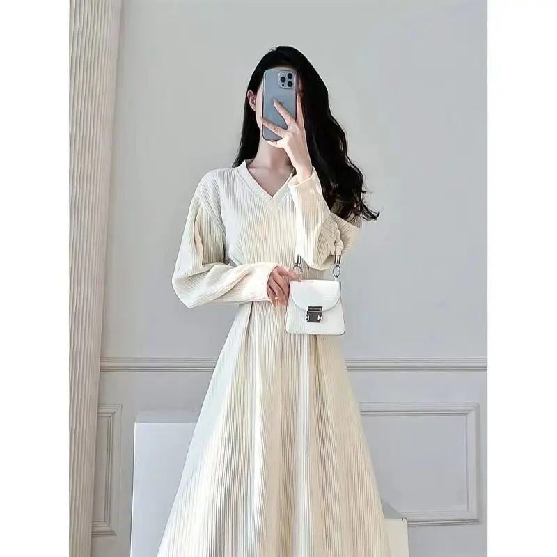 Váy Trắng, Phong Cách Pháp, Dài Tay, Bộ Sưu Tập Mùa Xuân Và Mùa Thu, Thiết Kế Mới, Bó Sát Eo Cao Cấp, Phong Cách Cổ Điển Và Quý Phái, Váy Dài Nữ Thần Women Dress 4