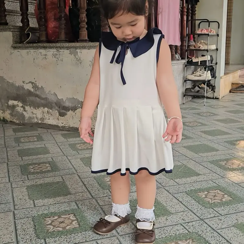 (ĐẦM)VÁY LIỀN Xếp Ly Cổ Bẻ Dây Nơ Xinh Yêu Bé Gái-Vải Poly Mềm Mịn Thoáng 9-19kg 5