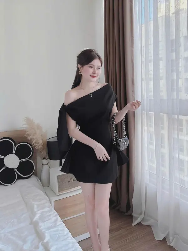 D673 ĐẦM THIẾT KẾ BIGSIZE LỆCH VAI CỘT NƠ DÁNG NGẮN (TÁO ĐỎ BIGSIZE 55-90KG) 4