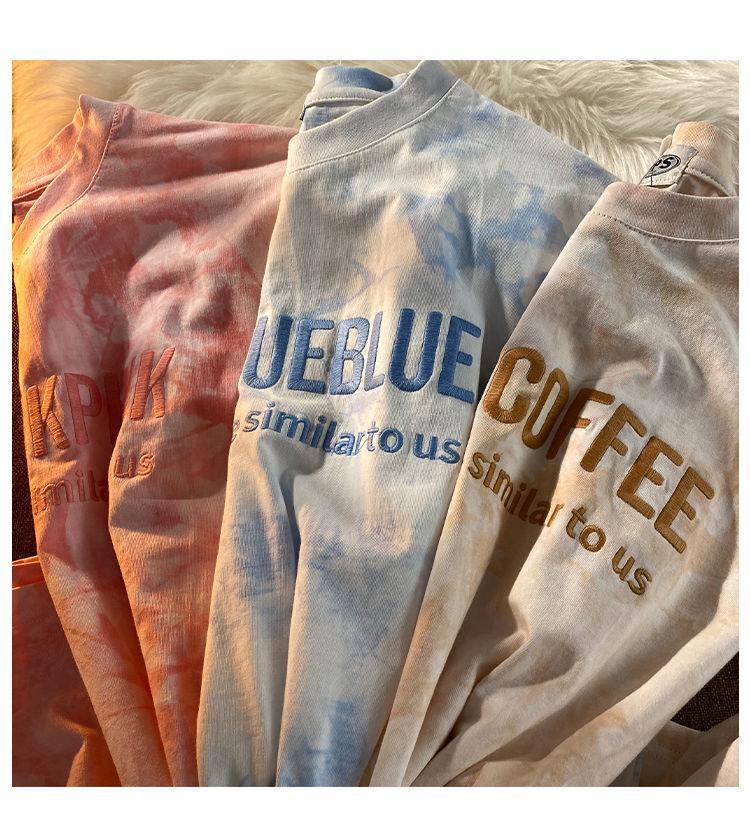Product Introduction of Tie-Dye Top T-Shirt Embroidered Letters Couple Outfit Best Friend Outfit Short Sleeve T-Shirt Women Summer Loose Casual Top T-Shirt 10