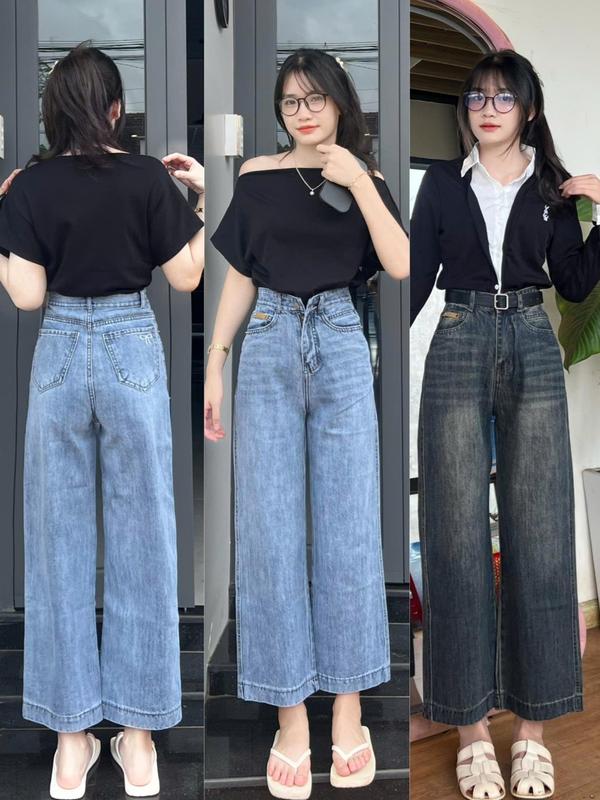 Quần bò nữ ống rộng thêu nơ nhỏ túi sau, chất vải mềm mại không co giãn ống suông Women's Jeans 0