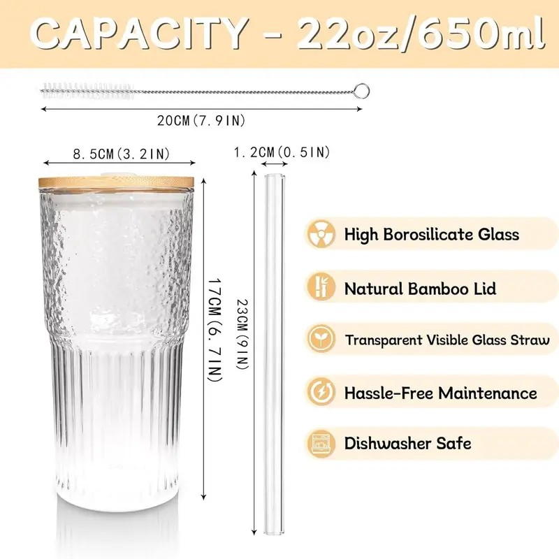 22oz/650ml Glass Cup with Lid & Straw (4 Counts/set), Clear Glass Drinking Cup, Drinkware for Home and Office Use 1