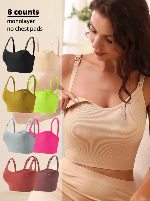 Solid Ribbed Adjustable Strap Wireless Bra, Comfort Maternity Lingerie Bra for Women, Maternity Lingeries for All Seasons, Maternity Clothing, Bra Pack, Womenswear, Sports Bra 6