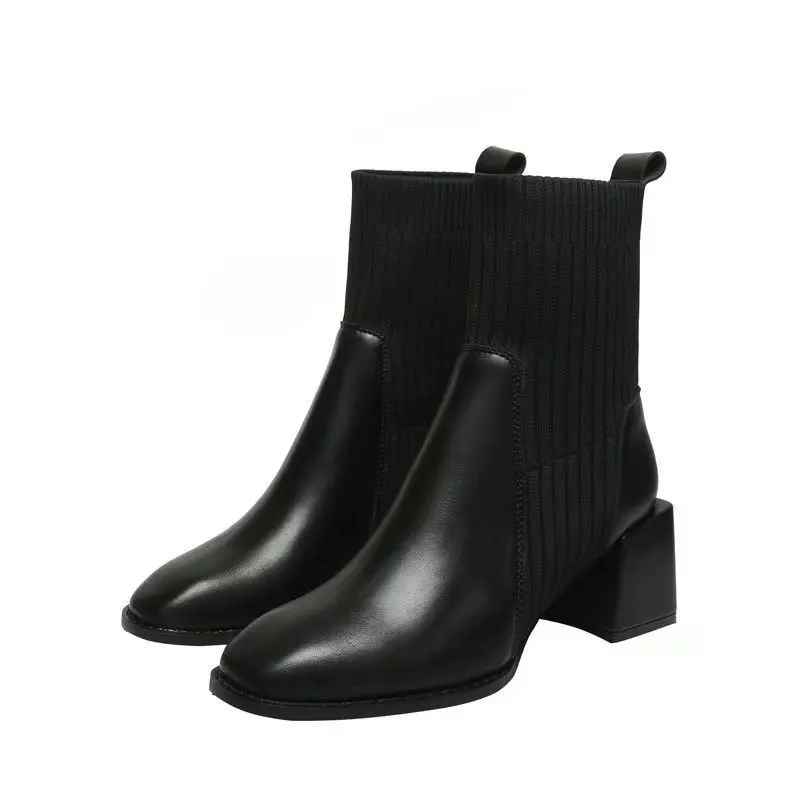 Bốt Da Ngắn Cho Nữ, Bốt Gót Chunky Mũi Vuông, Một Lớp, Gót Giữa, Phong Cách Pháp, Màu Đen, Mềm Mại, Mùa Thu Và Mùa Đông, Mới 2024, Boot 3