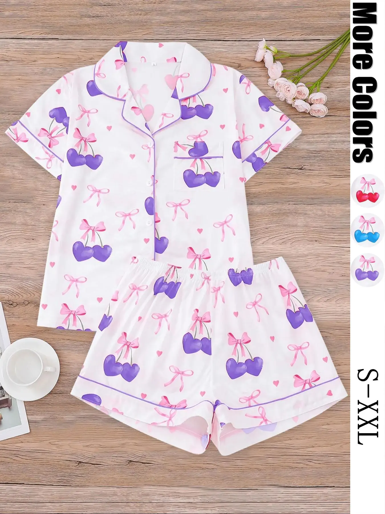 Women's Cherry Print Top & Elastic Waist Shorts Pyjama Two-piece Set, Casual Comfy Short Sleeve Top & Shorts Pj Set, Ladies Sleepwear for All Seasons, Pajamas