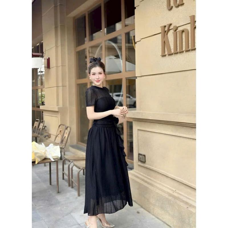 Đầm thiết kế dáng maxi chất ren cao cấp ôm vòng nhún eo tay ngắn đính bông 3 màu sang trọng mặc đi tiệc 6