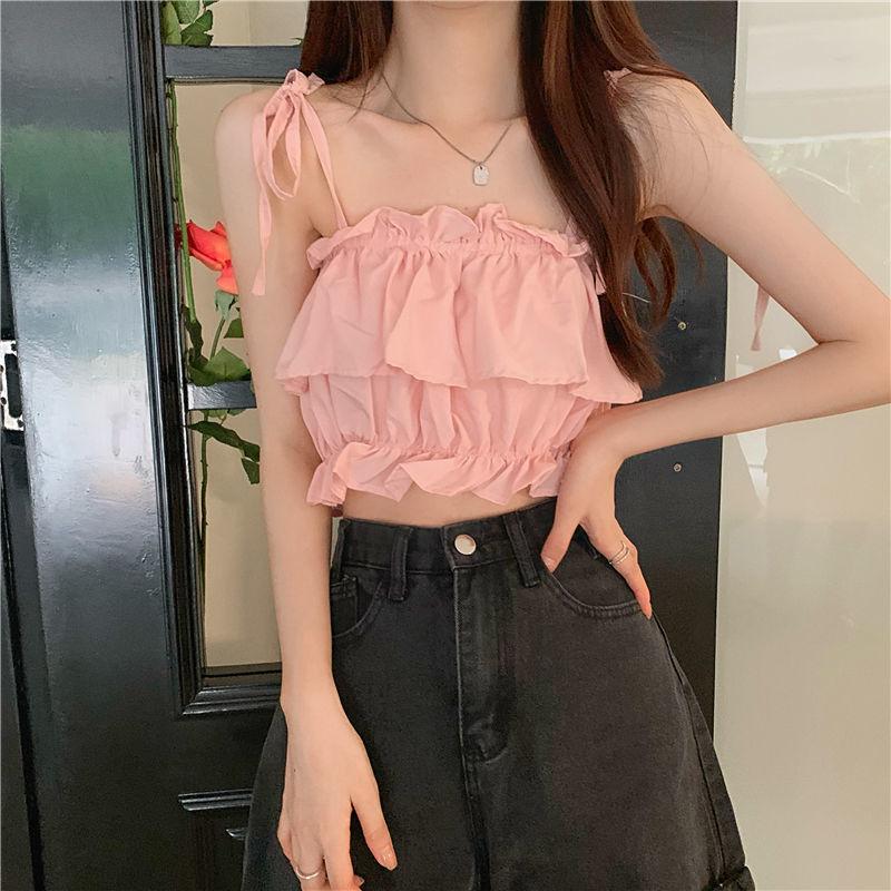 Product Introduction of Women's 2023 New Summer Tank Top with Ruffle Edge Strap Top High Waist Sleeveless Bra and Open Umbilical Top Womenswear Tube Lingerie Comfort Basic Minimalist Spaghetti Strap 7