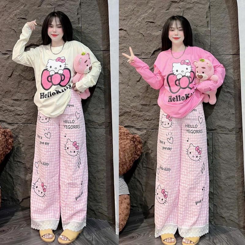  SÉT BỘ DÀI TAY HELO KITTY  quần dài chất vải lạnh có phối ren chân freesize 40kg65kg Nữ 