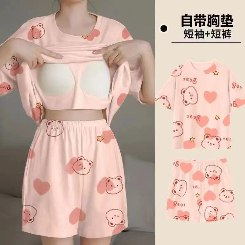 Product Introduction of Pajamas Women's Summer Short Oversleeves Sweet with Chest Pad Korean Cartoon Student Casual Homewear Loose plus Size Summer 41