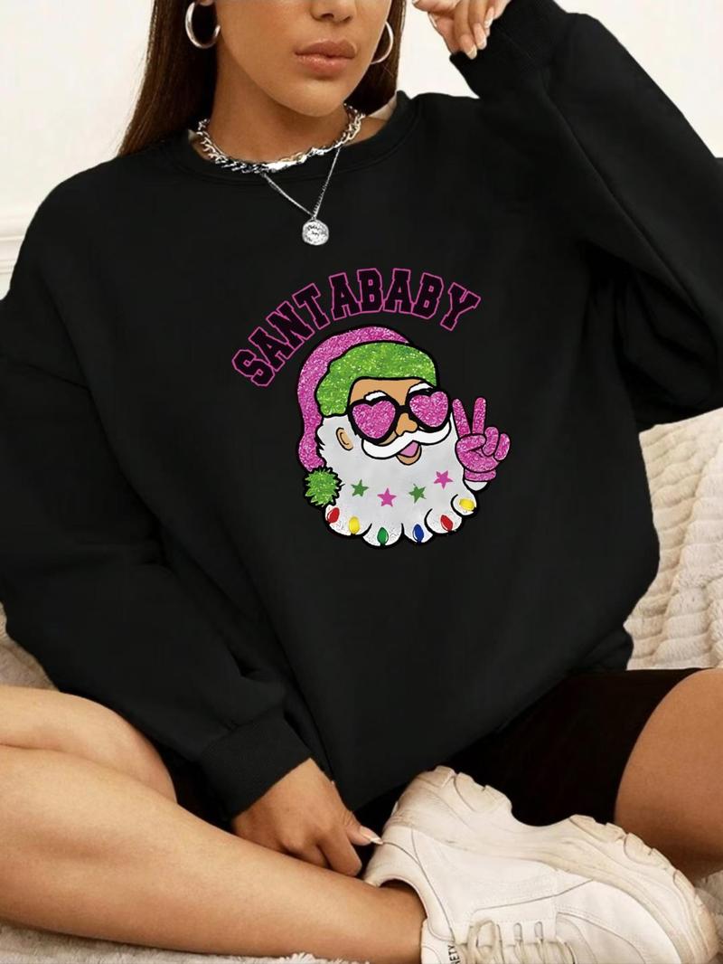 Product Introduction of 【Plus Size】 Cartoon Santa Claus Print Drop Shoulder Sweatshirt, Casual Long Sleeve Round Neck Pullover for Daily Wear, Women's Clothing for Fall & Winter 1