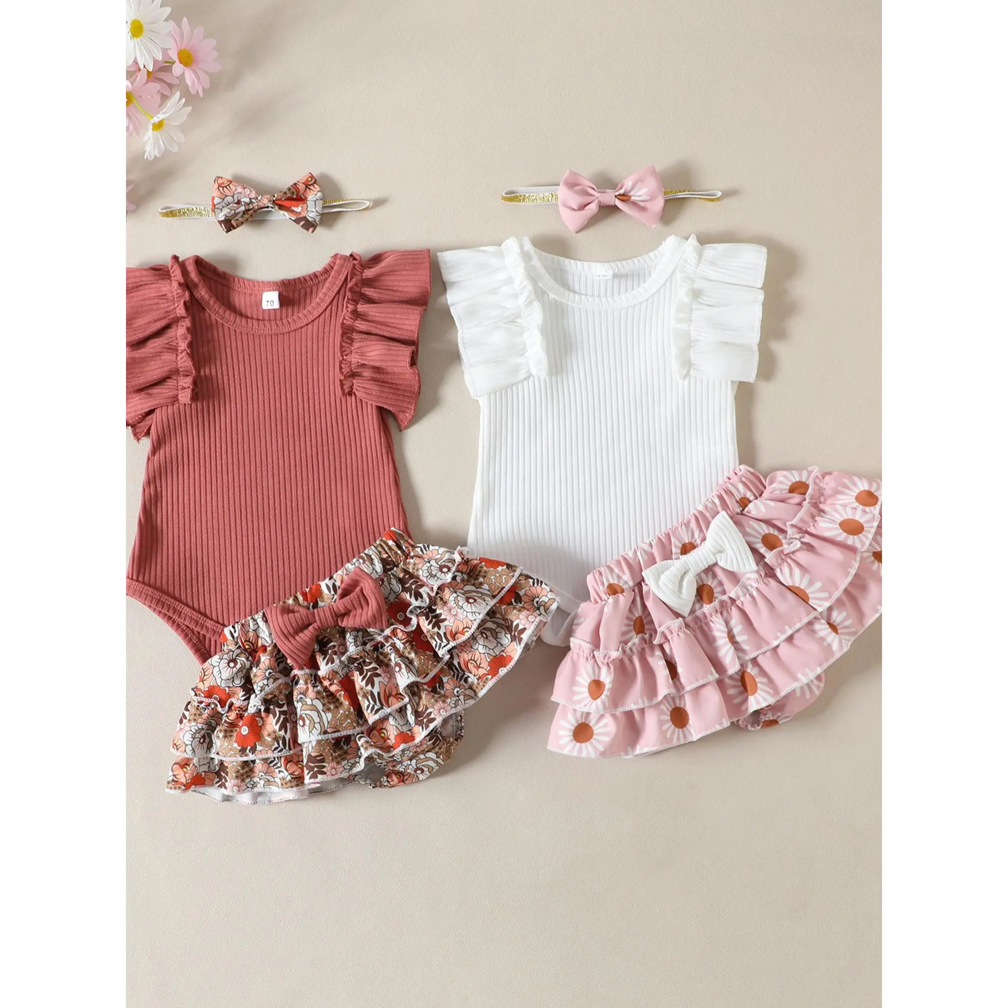 Bộ Trang Phục Mùa Hè Cho Bé Gái Trẻ Sơ Sinh Áo Liền Quần Có Gân Tay Xếp Ly Quần Culottes Hoa, Băng Đô, Thích Hợp Cho 0, 3, 6, 12, 18, 24 Tháng