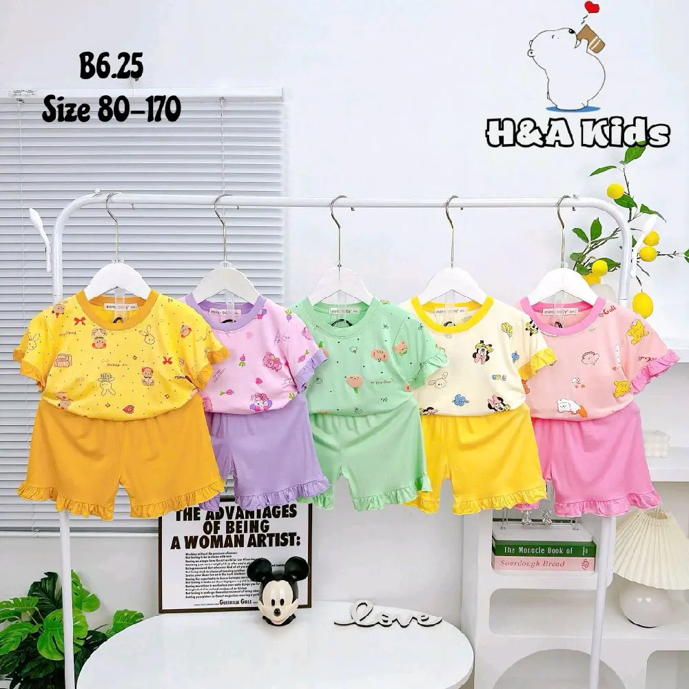 (7-28kg) Bộ cộc tay in hoạ tiết chất thun lạnh loại 1 cho bé gái Bộ cộc tay dễ thương bé gái đồ