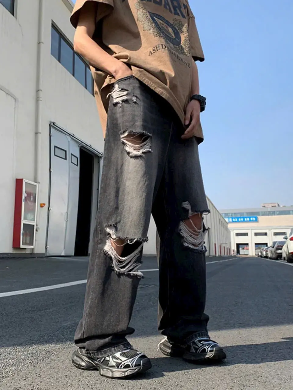 Quần Jean đen xám rách tưa form xuông rộng unisex