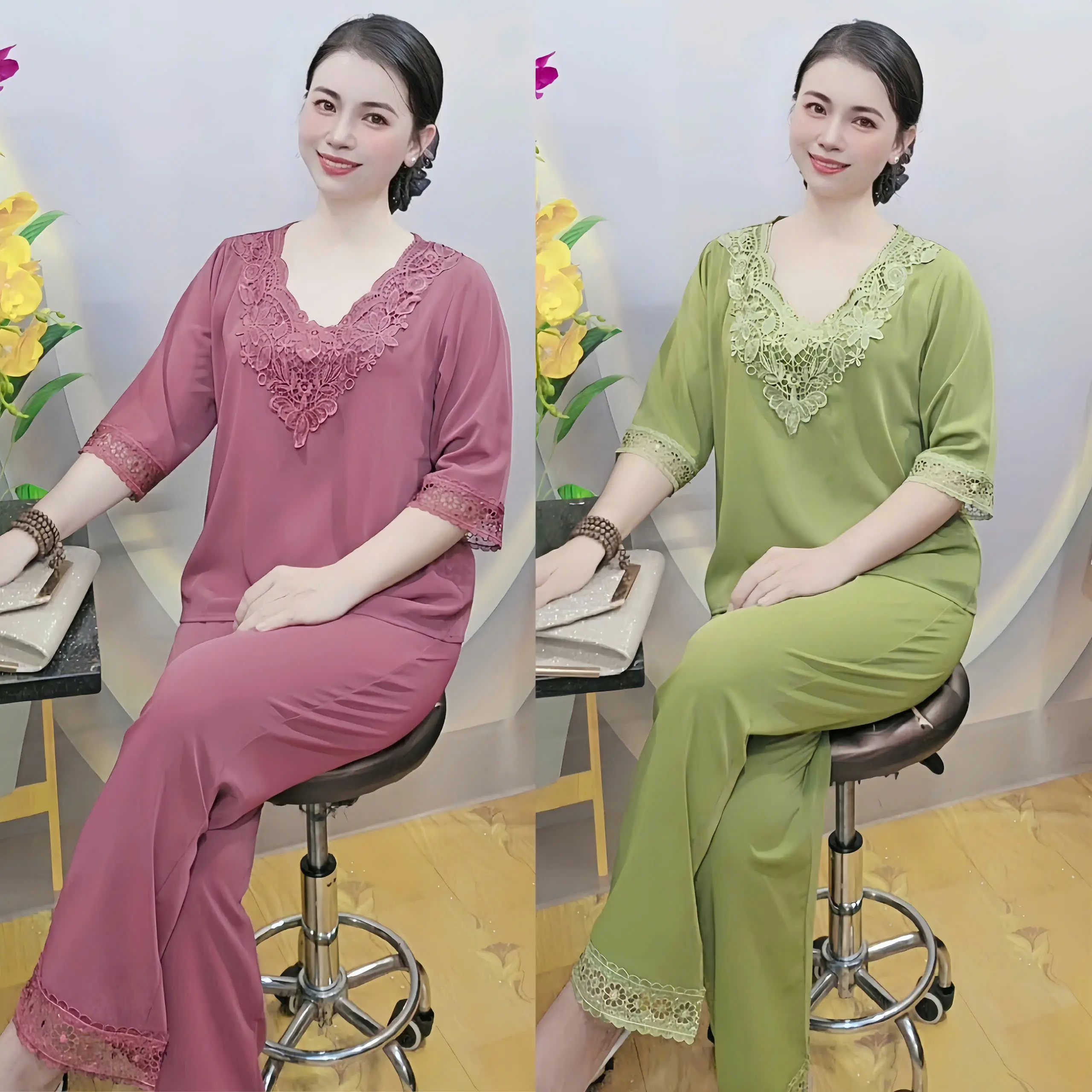 Bộ Đồ Trung Niên Cho Mẹ - Bộ Lụa Quần Ống Suông Phối Ren Cao Cấp Sang Trọng - Chất Liệu Lụa Mềm Mịn Mát Phom 50-80kg nữ  xinh