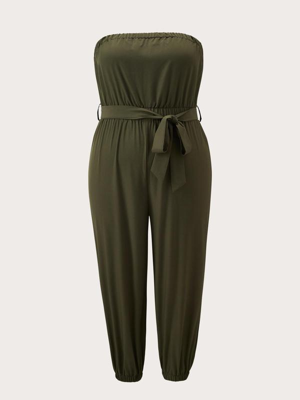 Plus Size Solid Backless Belted Tube Jumpsuit, Casual Sleeveless Strapless Carrot Jumpsuit for Daily Wear, Women's Plus Clothing for All Seasons 2