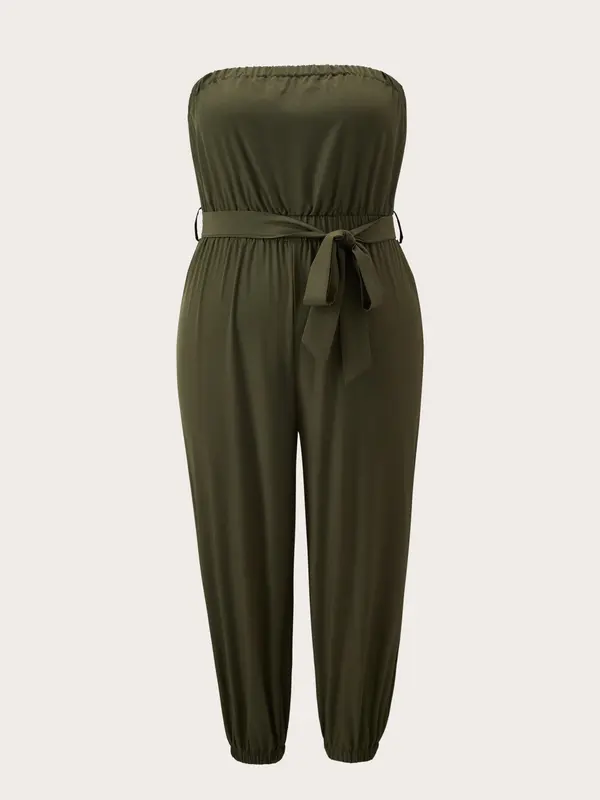 Plus Size Solid Backless Belted Tube Jumpsuit, Casual Sleeveless Strapless Carrot Jumpsuit for Daily Wear, Women's Plus Clothing for All Seasons 2