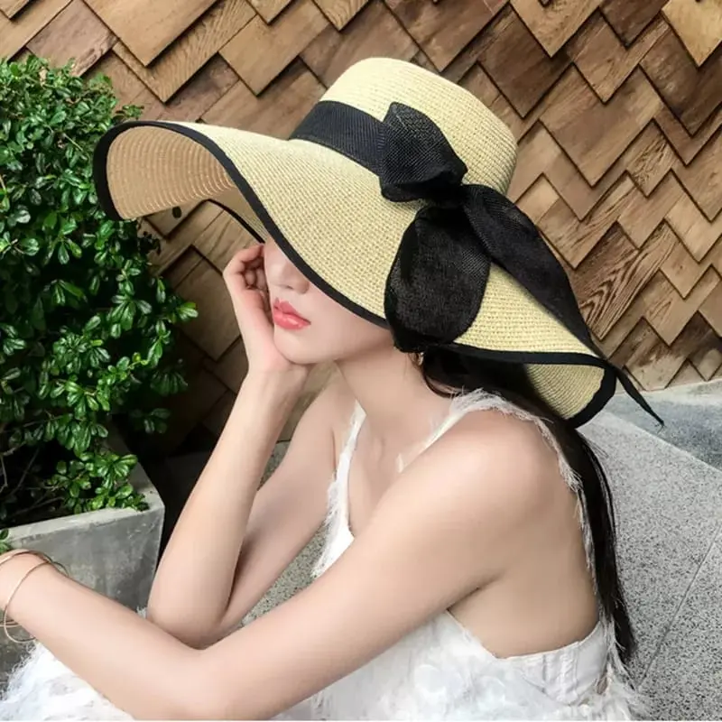 LUFFYSTORE.ID - Topi pantai lebar wanita list hitam Floppy musim panas pelindung dari sinar matahari BISA COD 3