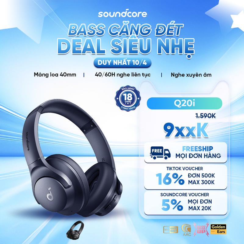 Tai nghe không dây chụp tai soundcore Q20i | Âm thanh Hi-res | Giảm ồn 90% | 60 giờ phát nhạc Nhét Tai Nghe Nhạc Earphone