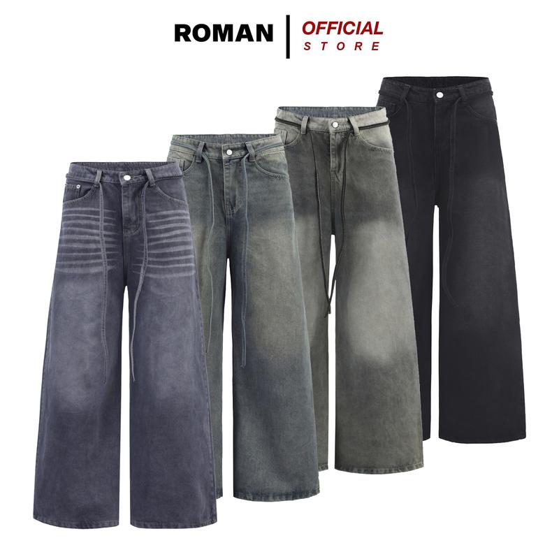 Quần jean ống rộng nam nữ form siêu to phối dây thừng chất bò cao cấp QJ06 suong
