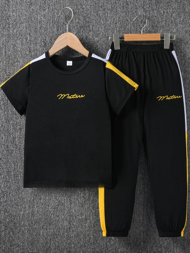 Product Introduction of Two-piece Set Boy's Letter Print Short Sleeve Tee &  Jogger Pants Set, Casual Round Neck T-shirt & Sweatpants, Summer Clothes for Kids Outdoor Sports 1