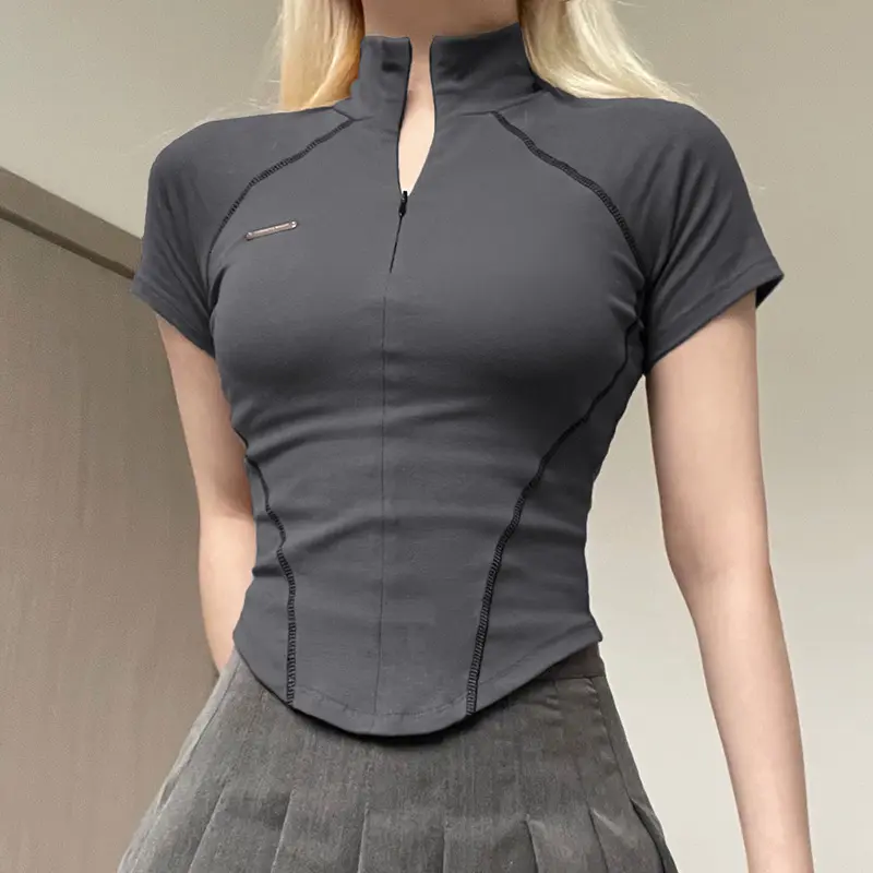 Casual Zip-Up Short Sleeve T-Shirt for Petite Girls