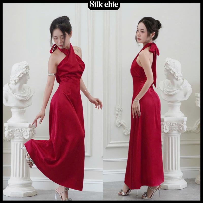 Váy Tiểu Thư Dáng Dài 2 Lớp Thắt Nơ SilkChic 361 Đầm Lụa Dự Tiệc Hở Lưng Cổ Chéo Sang Trọng Nữ Women Dress 2