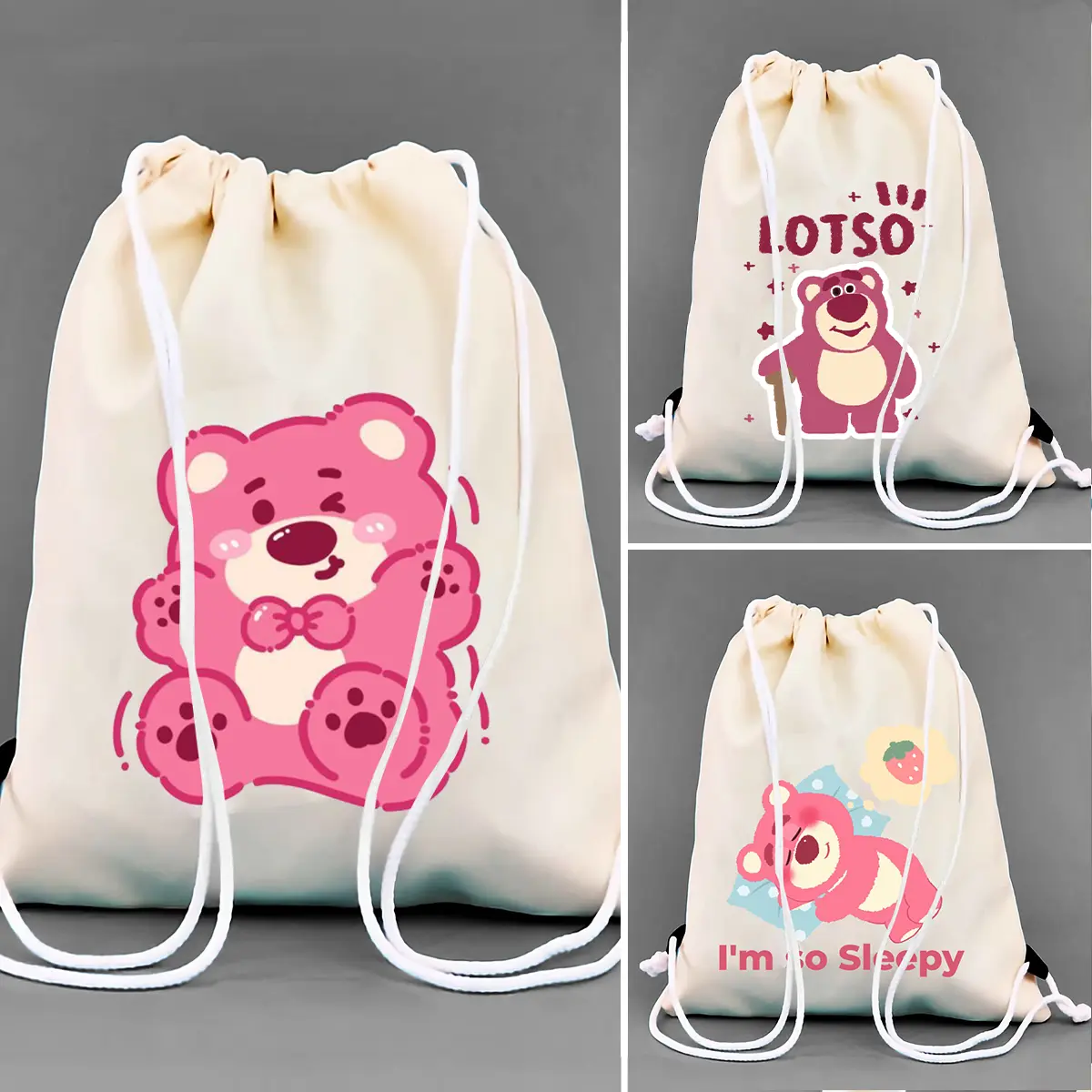 Tas Serut String Bag Kanvas Lotso Bear Beruang Toy Story Lucu Aesthetic Ukuran 30x40