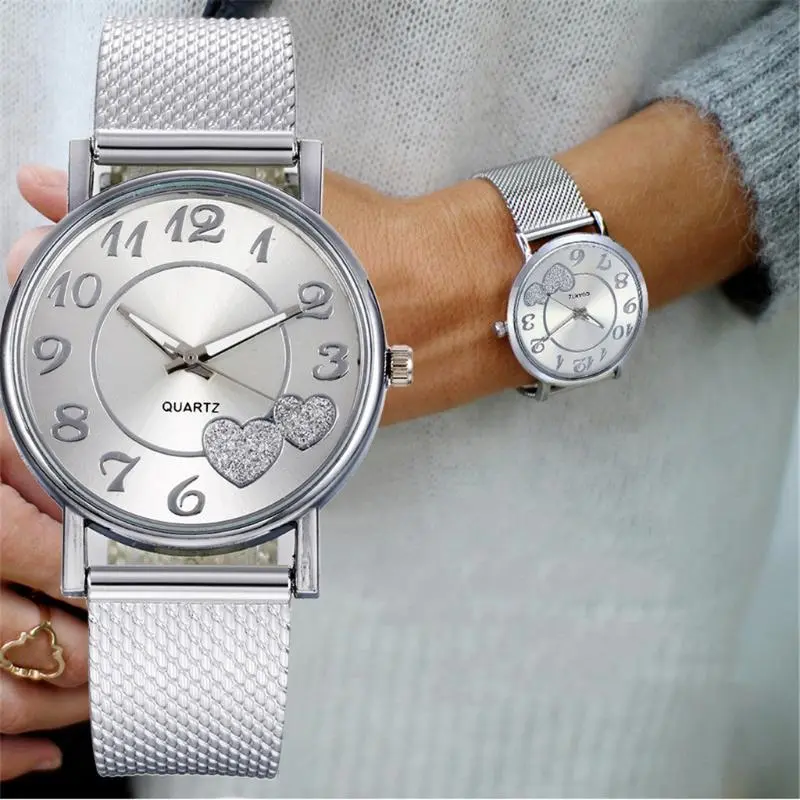 Women Watches Ladies Watch Silver Heart Dial Silicone Mesh Belt Wristwatches Reloj Mujer Montre Femme Women's Watch Reloj