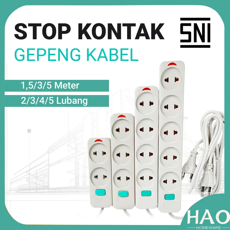 [HAO] Stop Kontak Kabel 2/3/4/5 Lubang&1.5/3M/STOP KONTAK GEPENG SNI/CAHAYA SC-752/3/4/5 Saklar 8