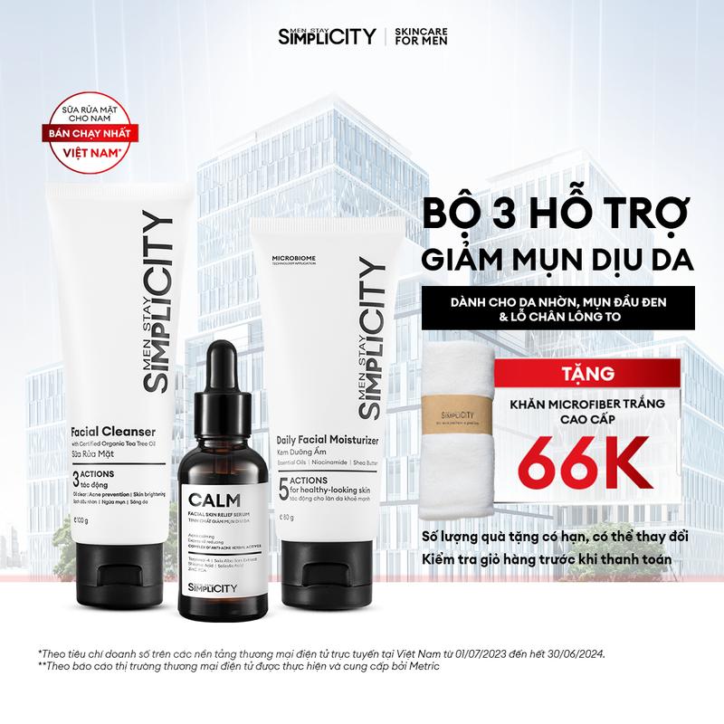 [MUA LÀ CÓ QUÀ] Bộ sản phẩm hỗ trợ chăm sóc da mụn nhẹ & vừa cho nam Men Stay Simplicity Acne Relief Skincare Trio gồm: Sữa rửa mặt 100g, Serum Calm 30ml & Kem dưỡng ẩm 80g - TẶNG KHĂN MICROFIBER