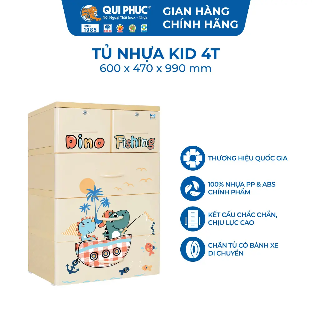 Tủ Nhựa KID 4 Tầng QP – Chính Hãng Qui Phúc - Chất Liệu PP & ABS Nguyên Chất An Toàn, Họa Tiết Ngộ Nghĩnh