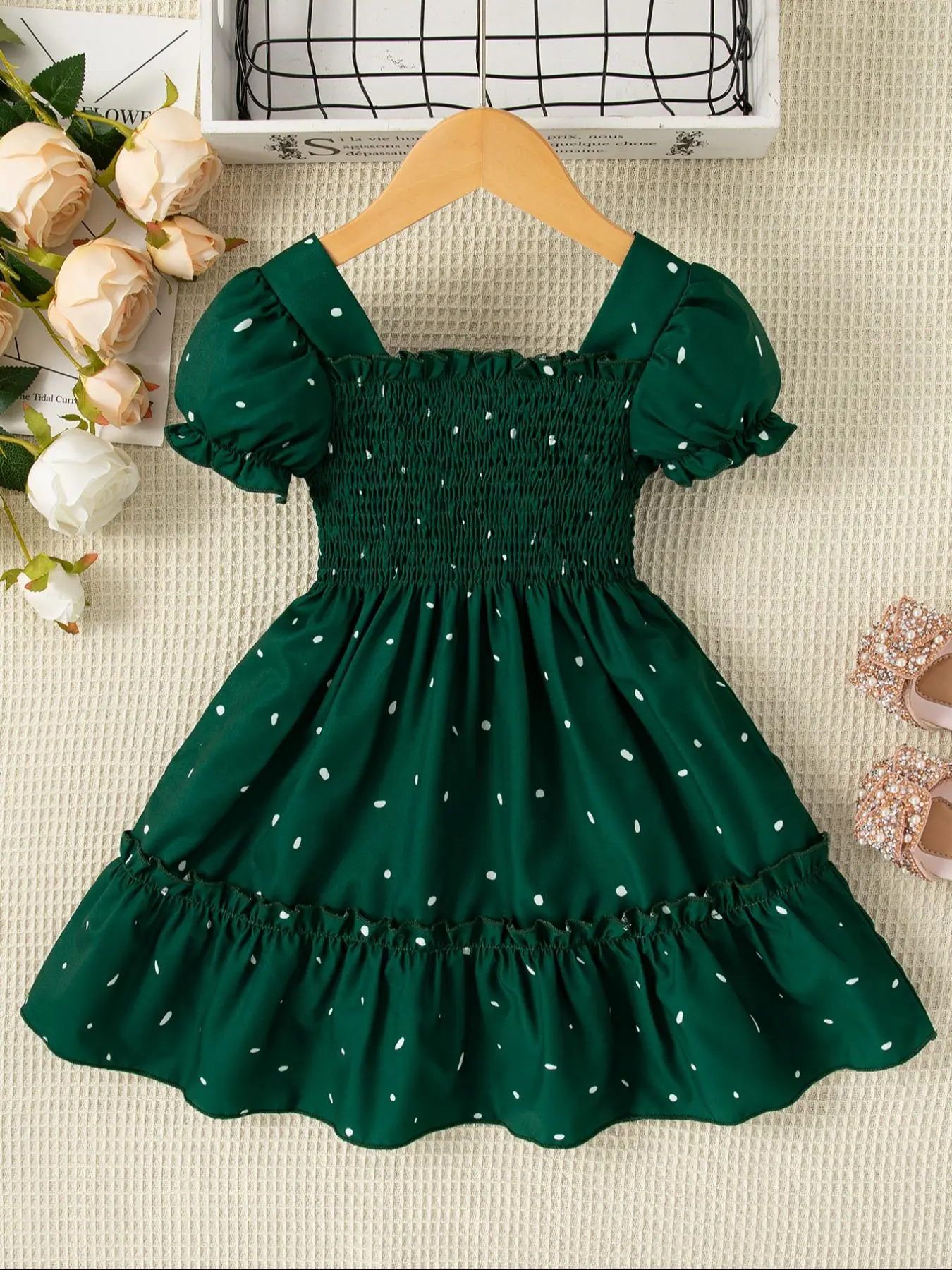 Girl's Polka Dot Print Frill Trim Shirred Ruffle Hem Dress, Elegant Puff Sleeve Square Neck A Line Dress for Summer, Kids Clothes for Daily Wear