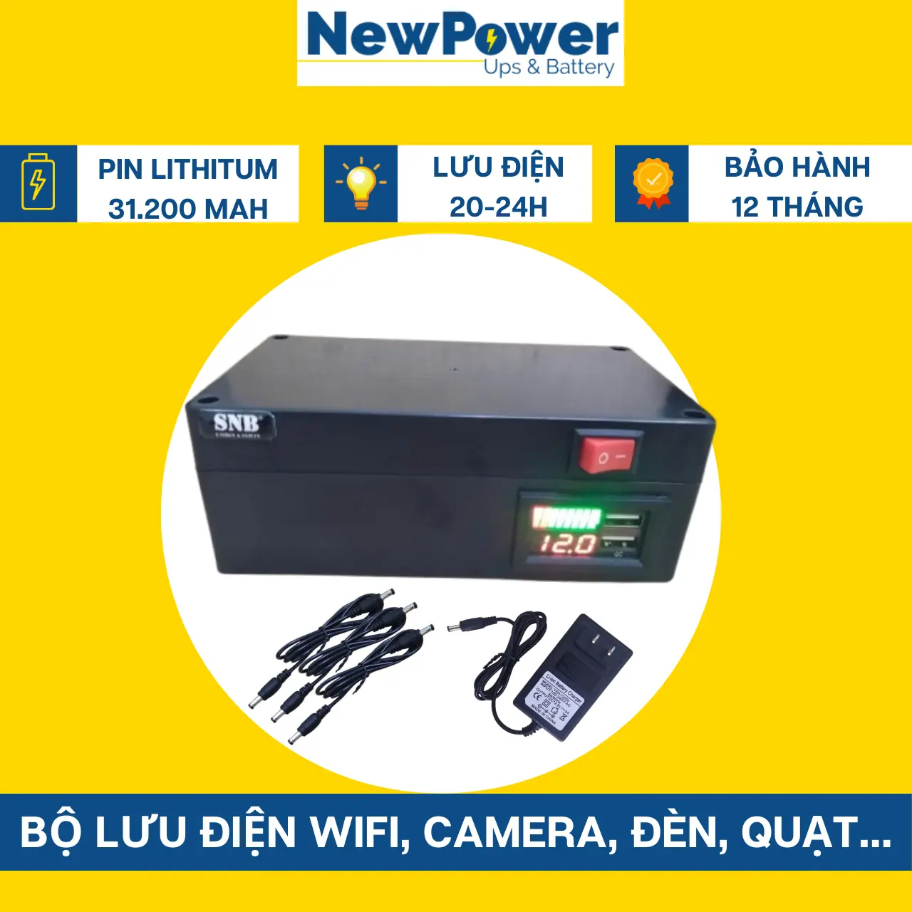 Bộ lưu điện gia đình 31.200mAh,sạc nhanh cho điện thoại, UPS 12V dùng cho camera,wifi..mới 100%,BH 12 tháng (SNB12104-3)