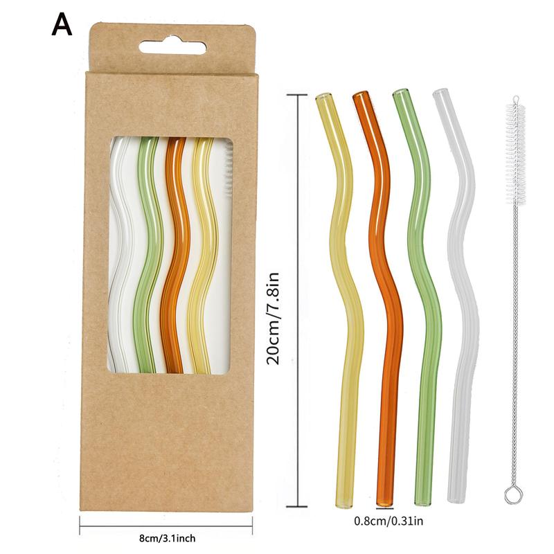 Product Introduction of Modern Wavy Glass Straw Set, 4 Counts Reusable Colorful Glass Straw and 1 Count Cleaning Brush Set, Heat Resistant Straw for Smoothies, Tea, Coffee, Juice, Cocktails 1