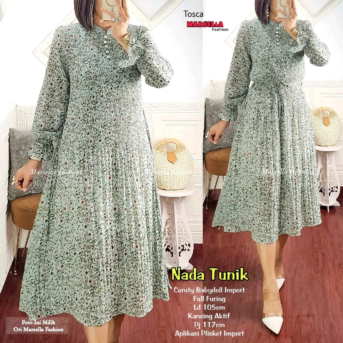 Bisa COD Baju Atasan Wanita Nada Tunik Bahan Ceruty Plisket Lapis Furing LD 105 PJ 117 Kancing Depan Aktif Motif Bunga