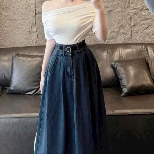 DELIA STYLE - Chân Váy Jeans Dài Phong Cách Cạp Cao Size S M L XL Cho Nữ Màu Xanh Đậm Chất Liệu Jean Dày Dặn Thoải Mái