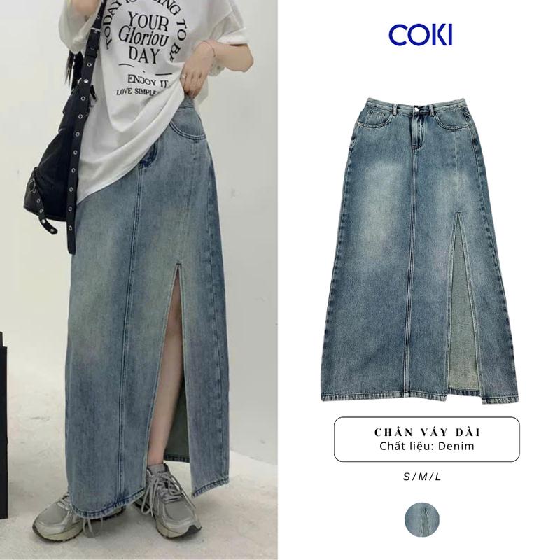 Chân Váy jean Nữ Dáng Dài Form Chữ A Lưng Cao Xẻ Trước Thời trang