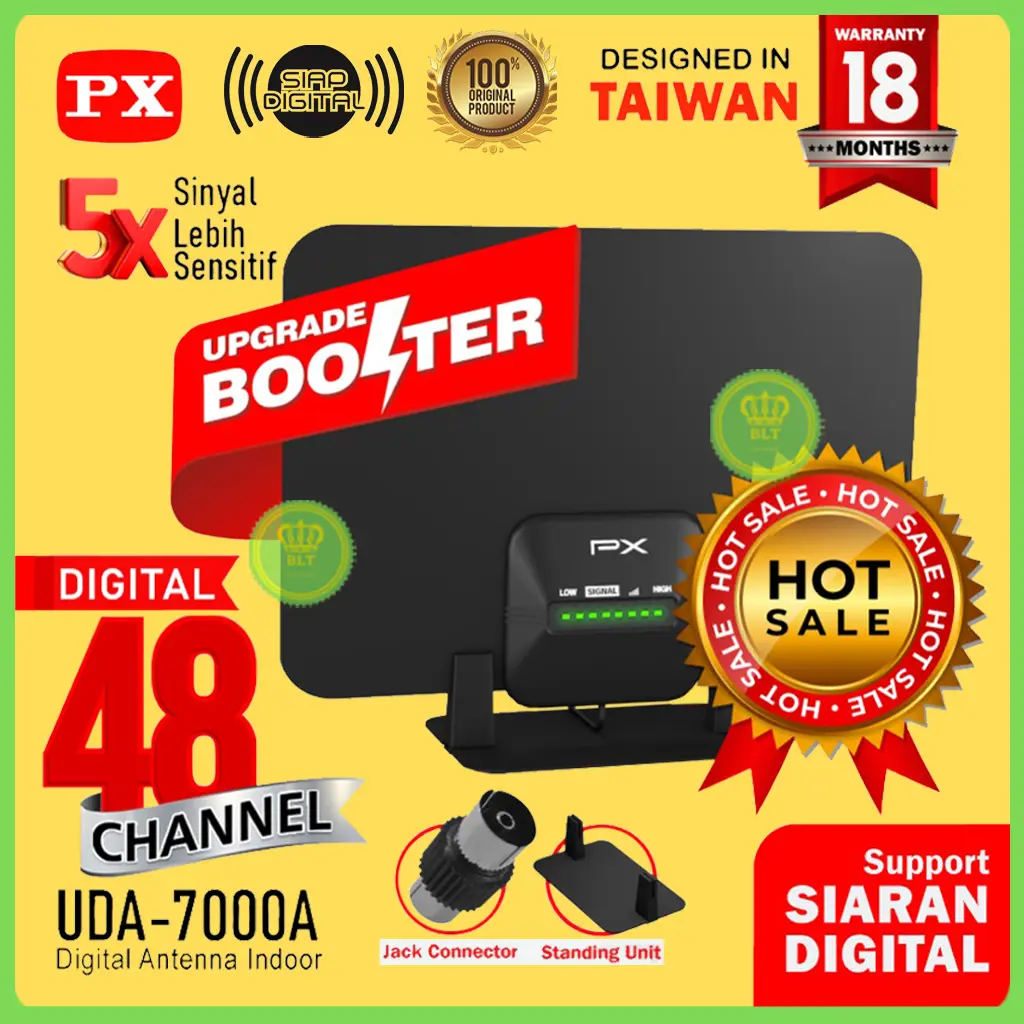 Antena TV Digital Indoor Dinding DVB-T2 + Booster LED PX UDA-7000A Adaptor Hitam
